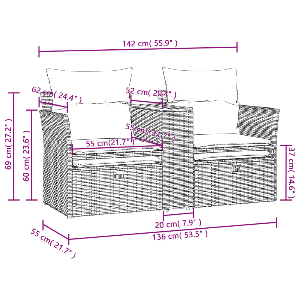 Gartensofa 2-Sitzer mit Hockern Grau Poly Rattan