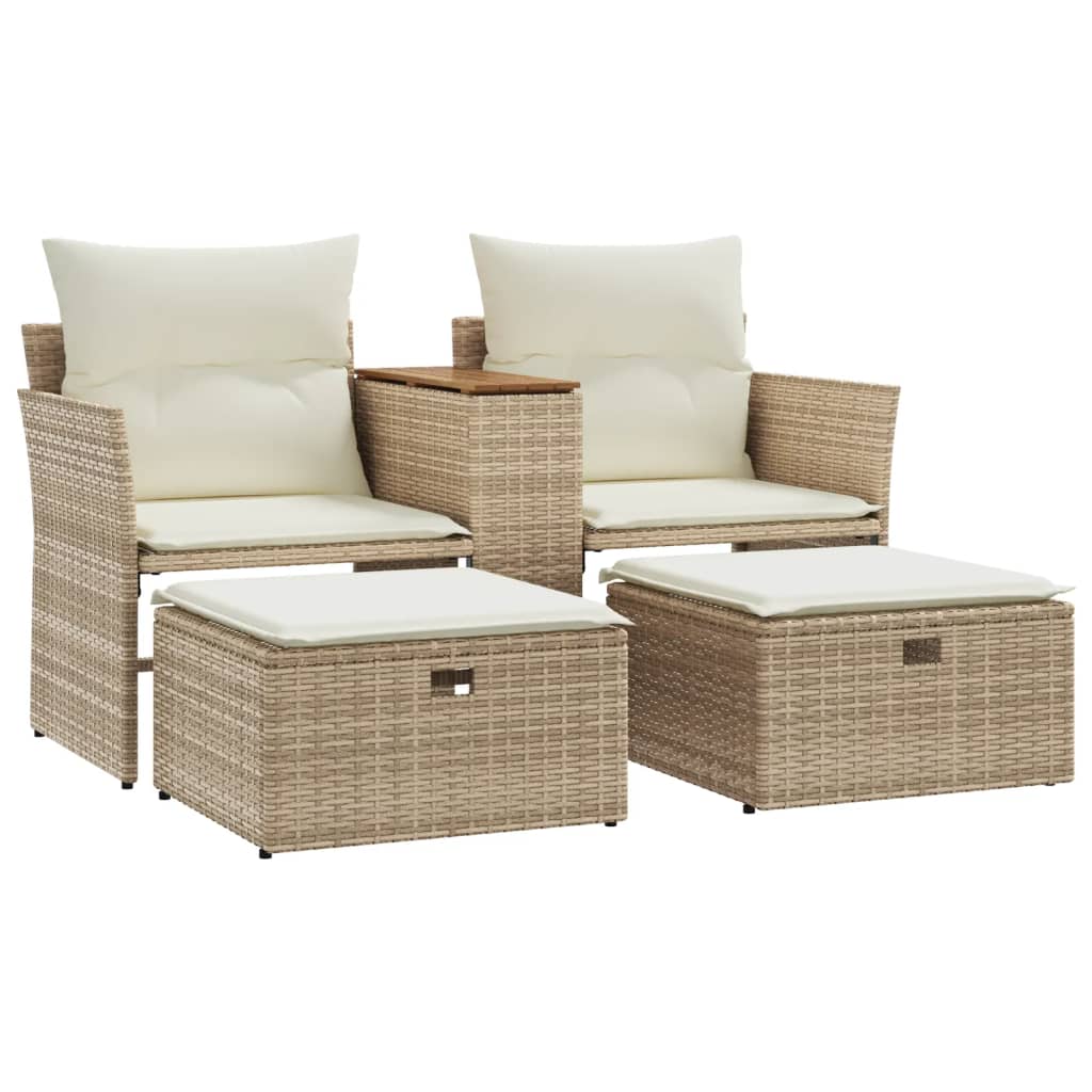 Gartensofa 2-Sitzer mit Hockern Beige Poly Rattan