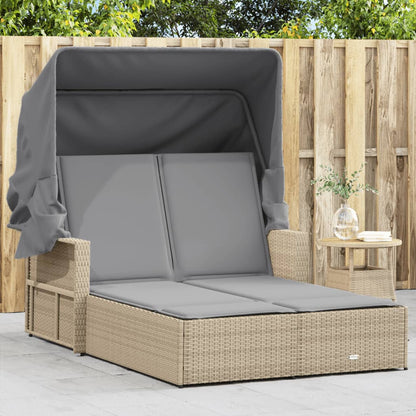 Doppel-Sonnenliege mit Dach und Auflagen Beige Poly Rattan