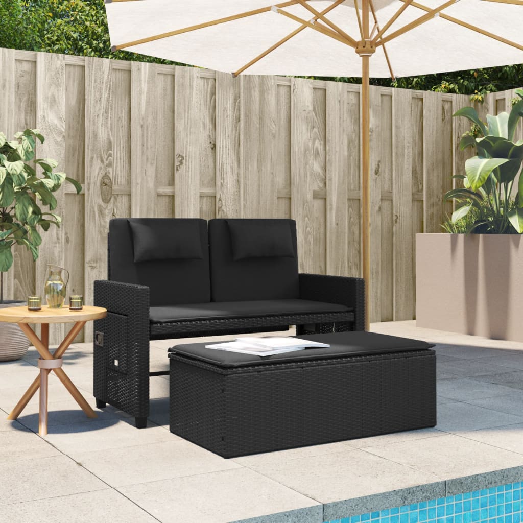 Gartenbank Verstellbar mit Kissen Schwarz Poly Rattan