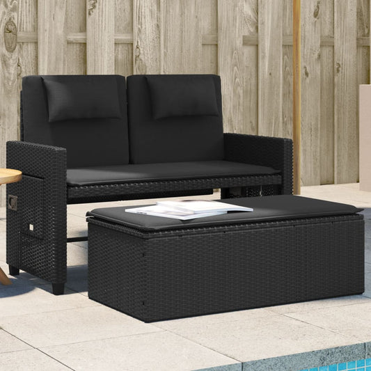 Gartenbank Verstellbar mit Kissen Schwarz Poly Rattan