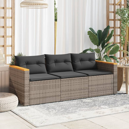 Gartensofa mit Kissen 3-Sitzer Grau Poly Rattan