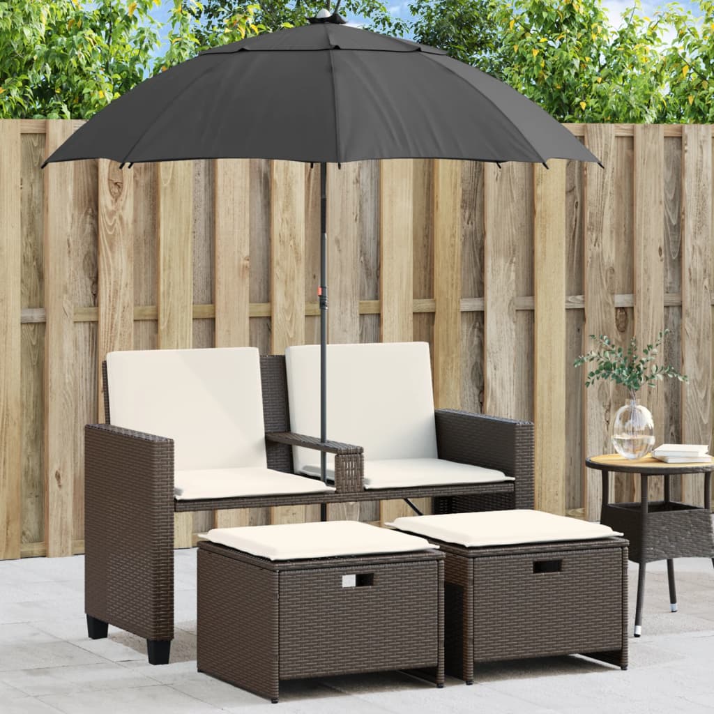 Gartensofa 2-Sitzer Sonnenschirm und Hocker Braun Poly Rattan