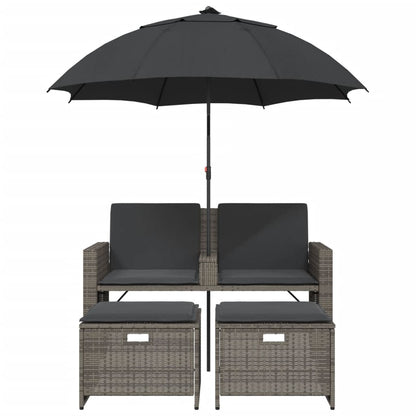 Gartensofa 2-Sitzer Sonnenschirm und Hocker Grau Poly Rattan