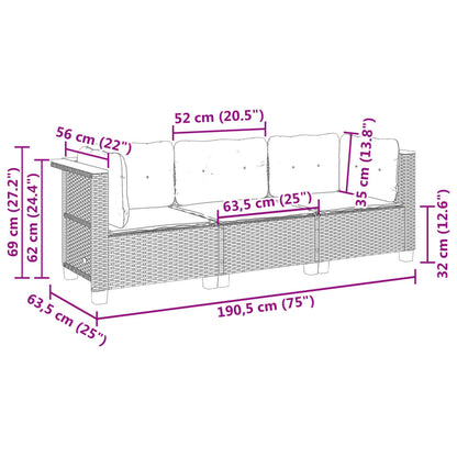 Gartensofa mit Kissen 3-Sitzer Schwarz Poly Rattan