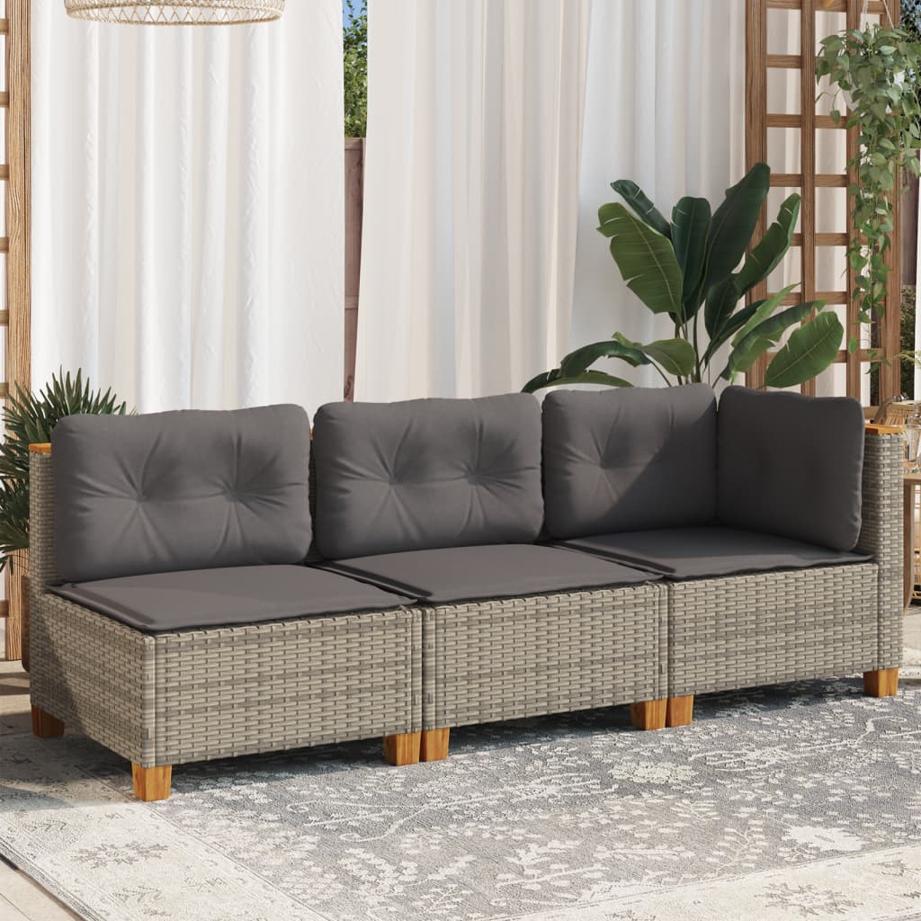 Gartensofa mit Kissen 3-Sitzer Grau Poly Rattan