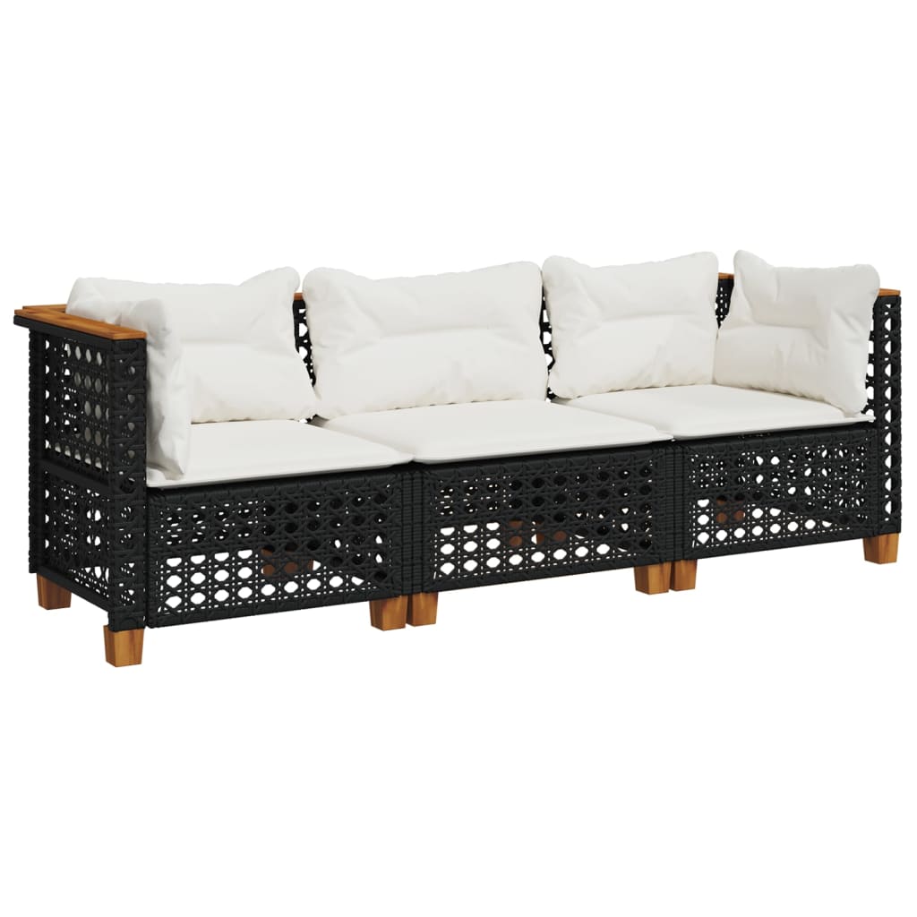 Gartensofa mit Kissen 3-Sitzer Schwarz Poly Rattan