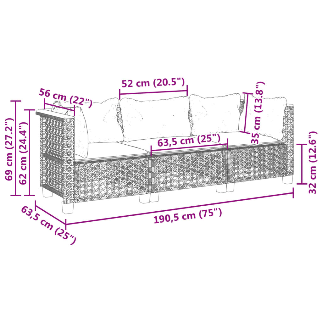 Gartensofa mit Kissen 3-Sitzer Schwarz Poly Rattan