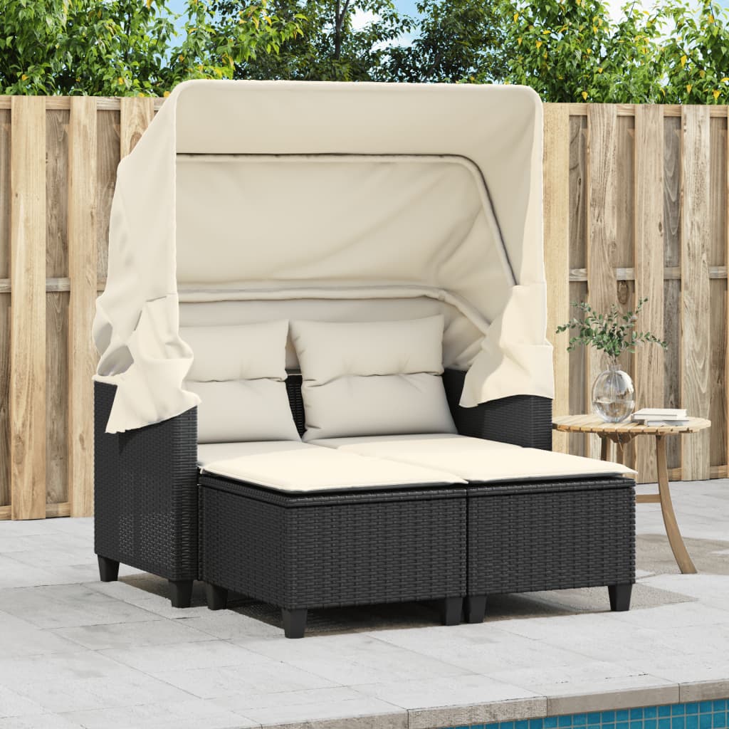 Gartensofa 2-Sitzer mit Dach und Hockern Schwarz Poly Rattan