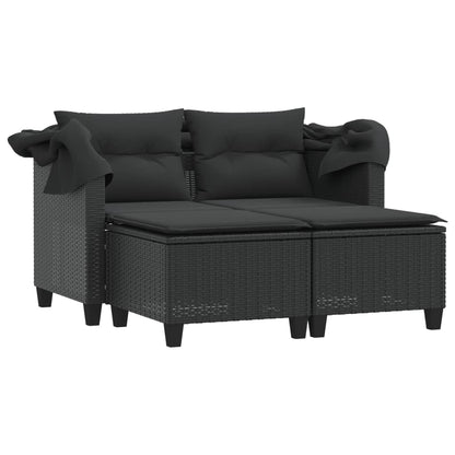 Gartensofa 2-Sitzer mit Dach und Hockern Schwarz Poly Rattan