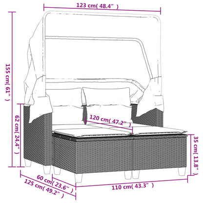 Gartensofa 2-Sitzer mit Dach und Hockern Braun Poly Rattan