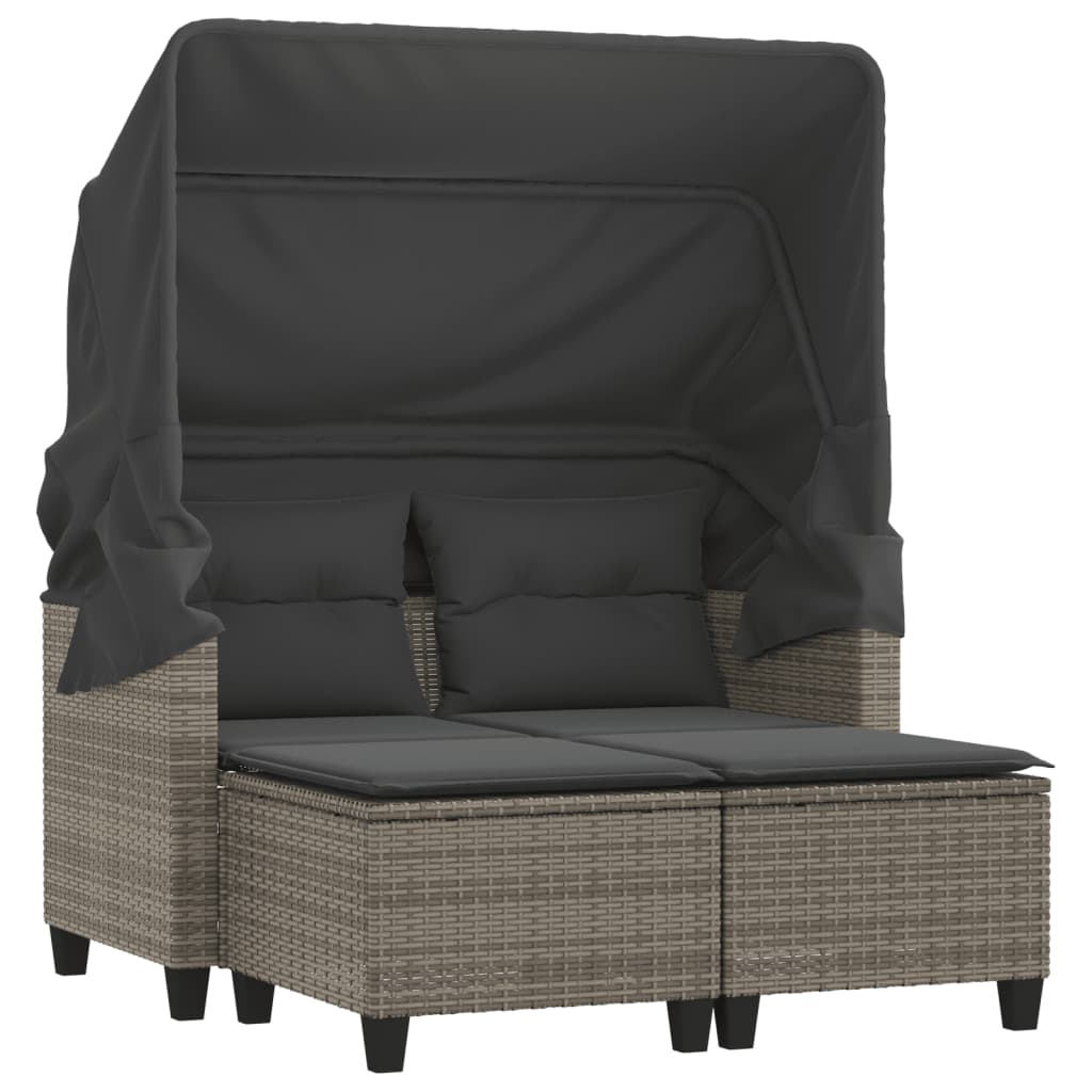 Gartensofa 2-Sitzer mit Dach und Hockern Grau Poly Rattan