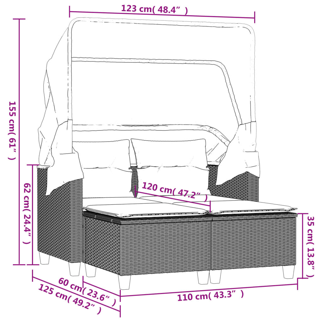 Gartensofa 2-Sitzer mit Dach und Hockern Grau Poly Rattan