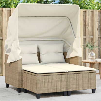 Gartensofa 2-Sitzer mit Dach und Hockern Beige Poly Rattan