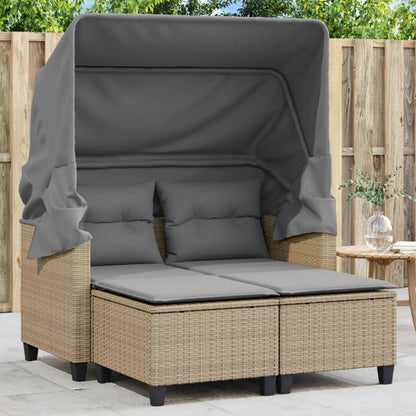 Gartensofa 2-Sitzer mit Dach und Hockern Beige Poly Rattan