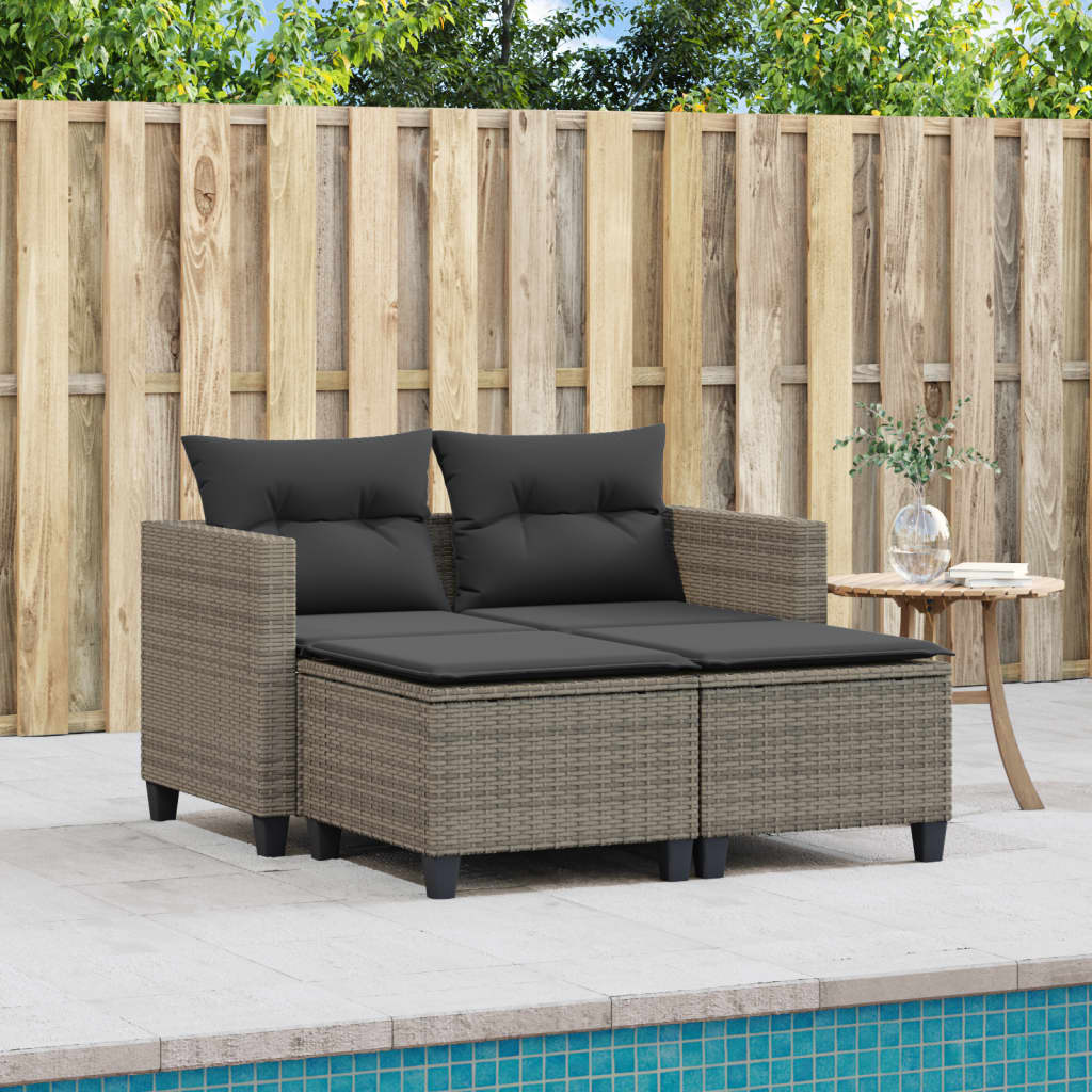 Gartensofa 2-Sitzer mit Hockern Grau Poly Rattan