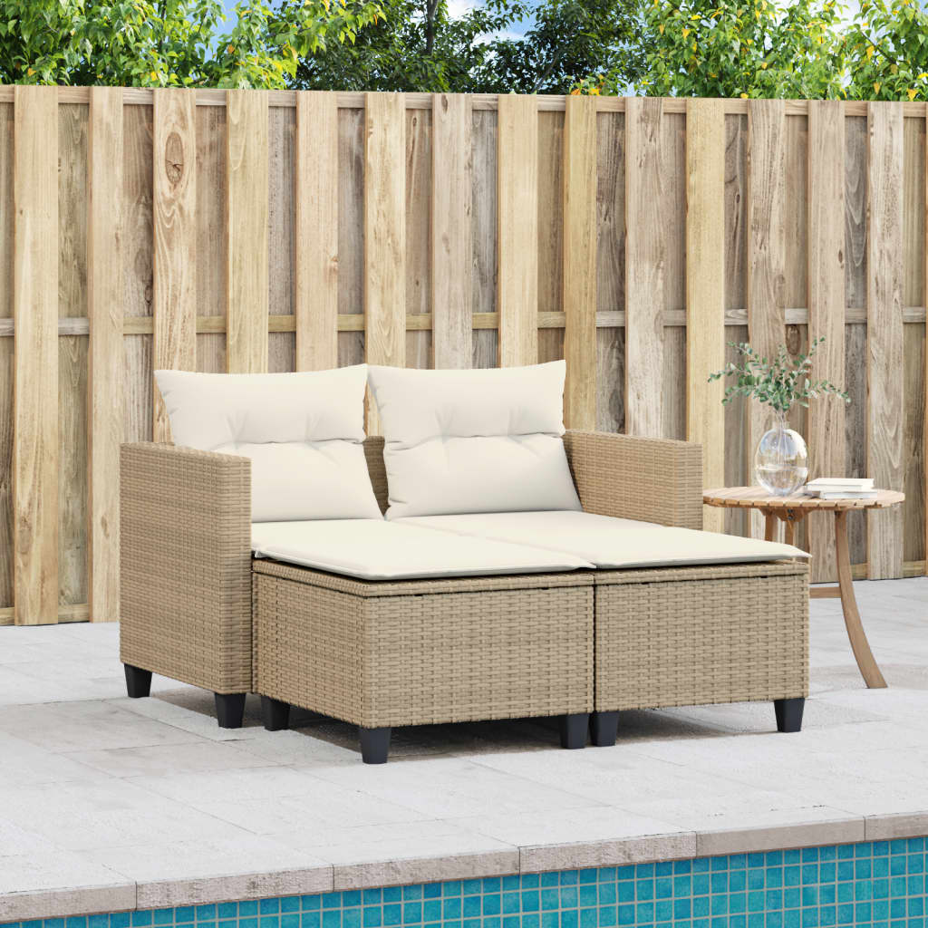 Gartensofa 2-Sitzer mit Hockern Beige Poly Rattan