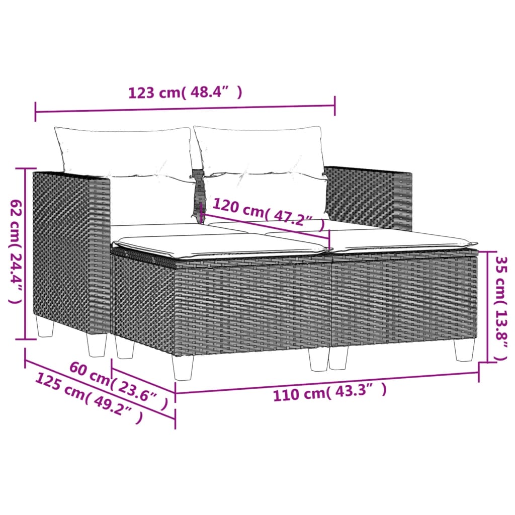 Gartensofa 2-Sitzer mit Hockern Hellgrau Poly Rattan