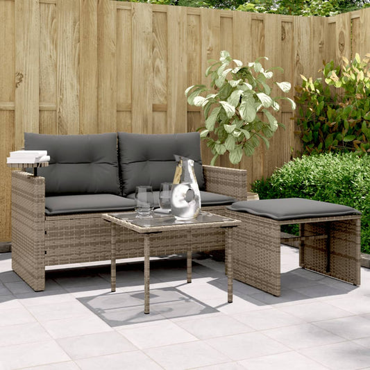 3-tlg. Garten-Sofagarnitur mit Kissen Grau Poly Rattan