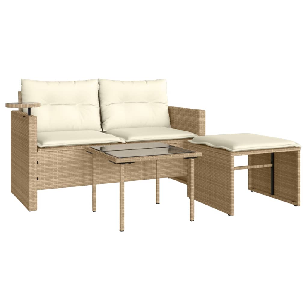 3-tlg. Garten-Sofagarnitur mit Kissen Beige Poly Rattan