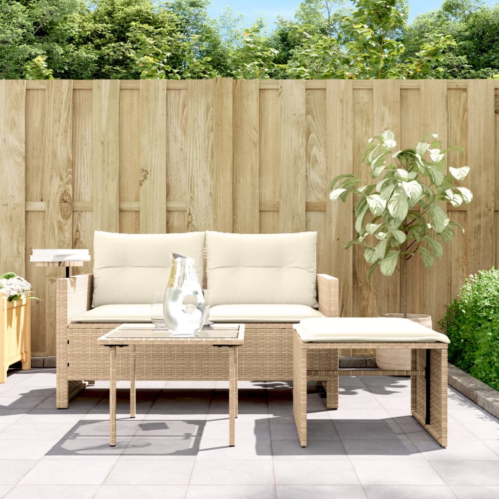 3-tlg. Garten-Sofagarnitur mit Kissen Beige Poly Rattan