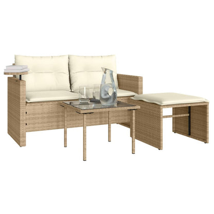 3-tlg. Garten-Sofagarnitur mit Kissen Beige Poly Rattan