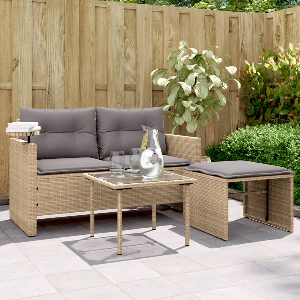 3-tlg. Garten-Sofagarnitur mit Kissen Beige Poly Rattan