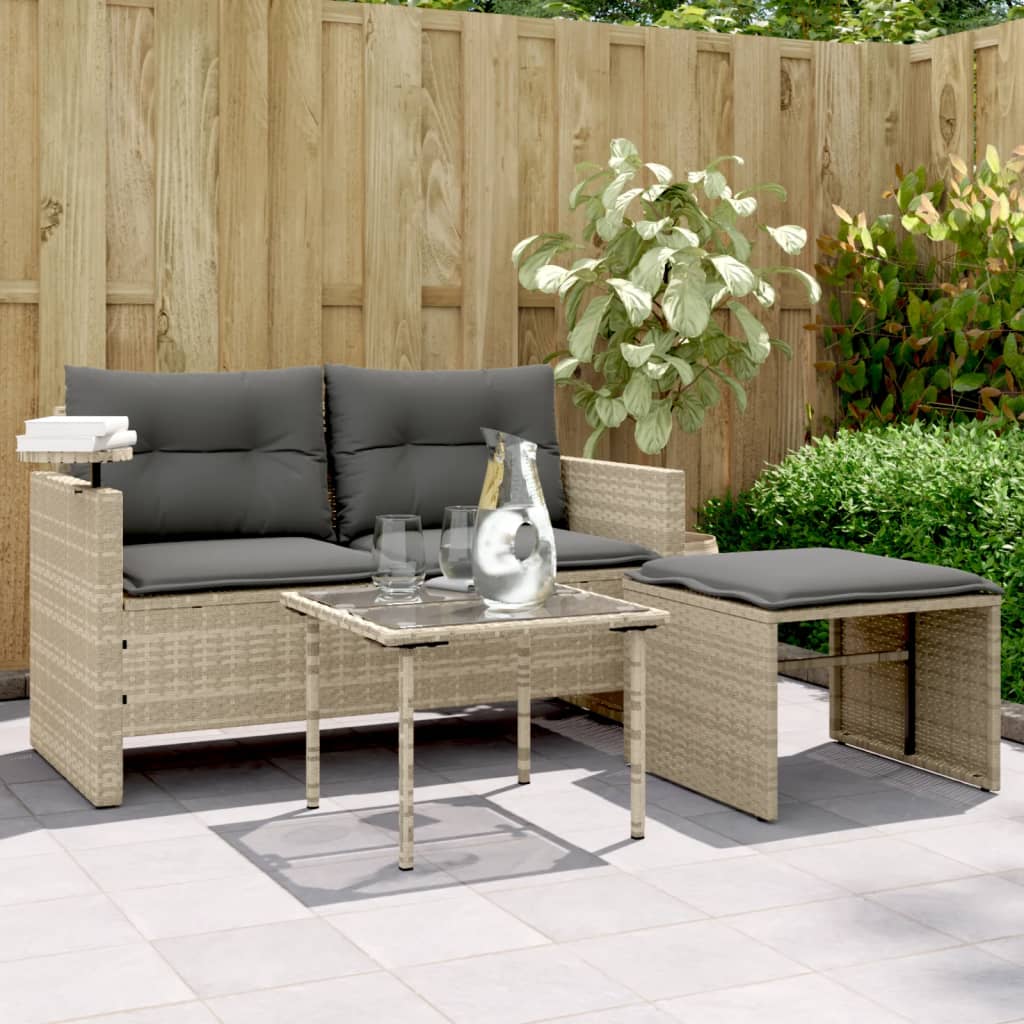 3-tlg. Garten-Sofagarnitur mit Kissen Hellgrau Poly Rattan