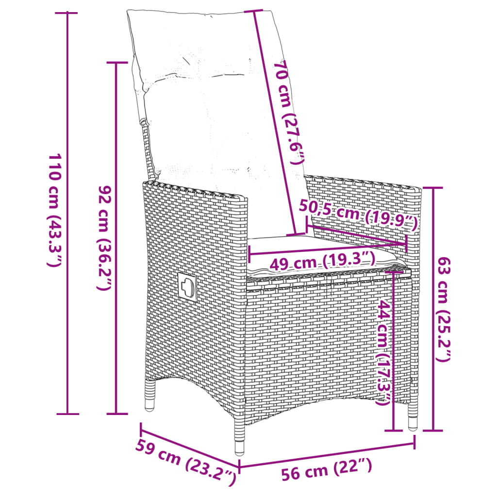 Gartensessel Verstellbar mit Kissen Schwarz Poly Rattan