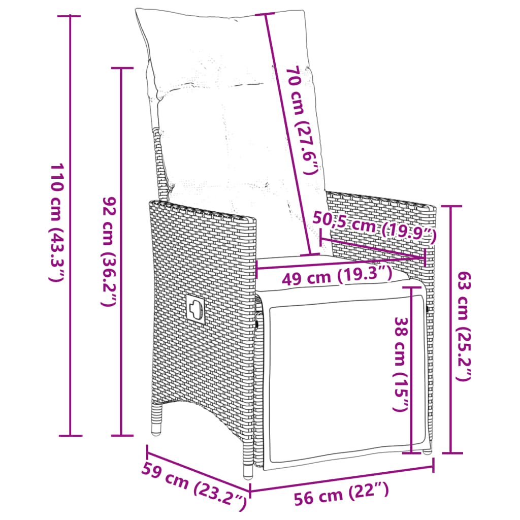 Gartensessel Verstellbar mit Kissen Braun Poly Rattan