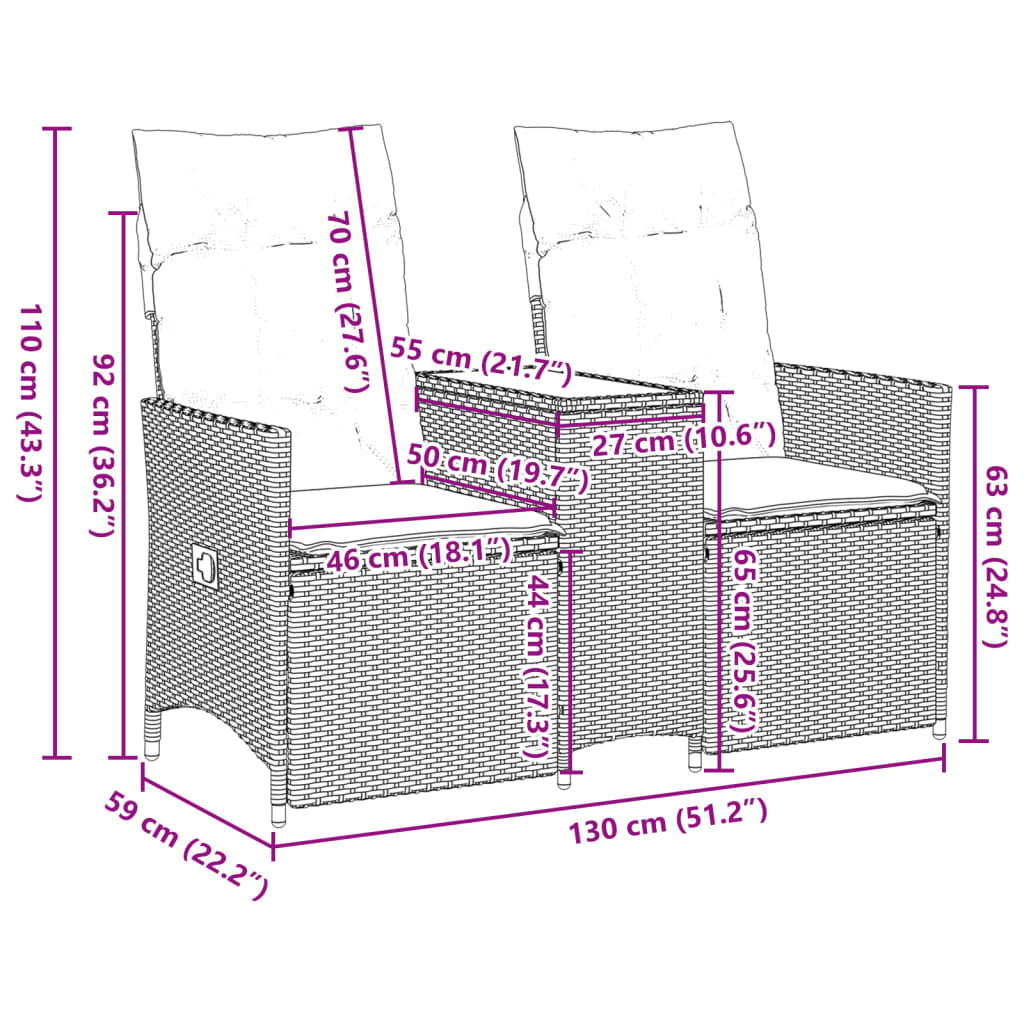 Gartensofa 2-Sitzer Verstellbar mit Tisch Schwarz Poly Rattan