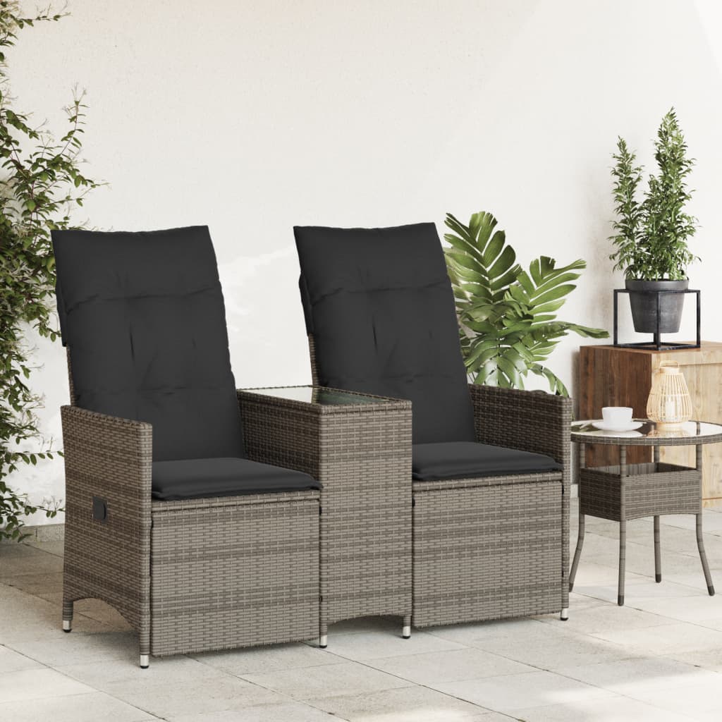 Gartensofa 2-Sitzer Verstellbar mit Tisch Grau Poly Rattan