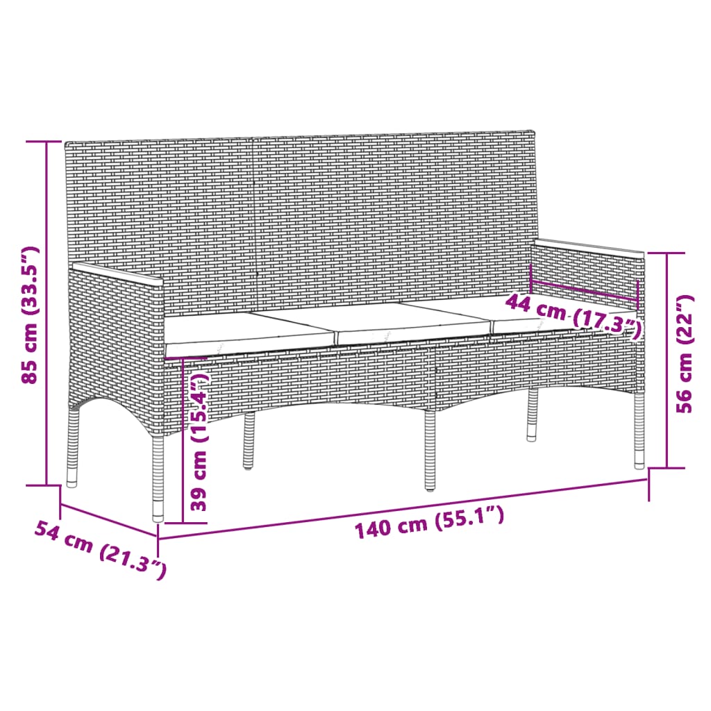 Gartenbank 3-Sitzer mit Kissen Schwarz Poly Rattan