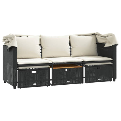 Outdoor-Sofa 3-Sitzer mit Dach und Hockern Schwarz Poly-Rattan