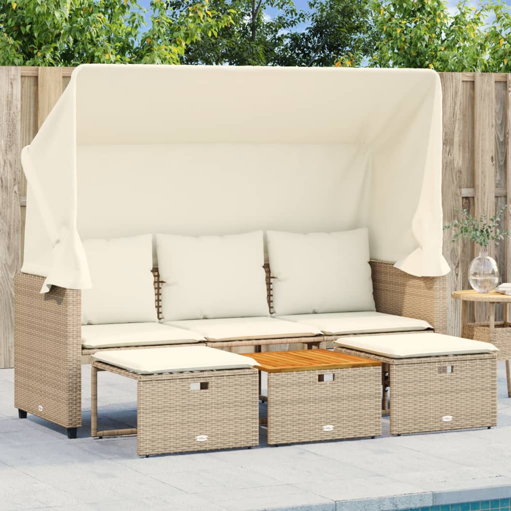 Outdoor-Sofa 3-Sitzer mit Dach und Hockern Beige Poly Rattan