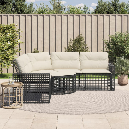 Gartensofa in L-Form mit Kissen und Fußbank Schwarz Poly Rattan