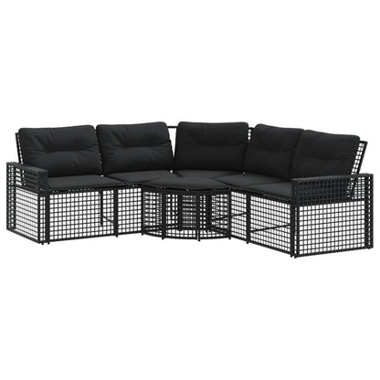 Gartensofa in L-Form mit Kissen und Fußbank Schwarz Poly Rattan