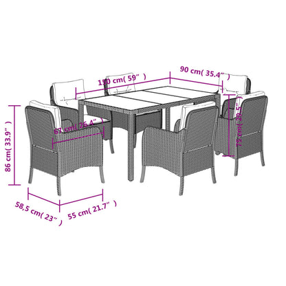 7-tlg. Garten-Essgruppe mit Kissen Schwarz Poly Rattan