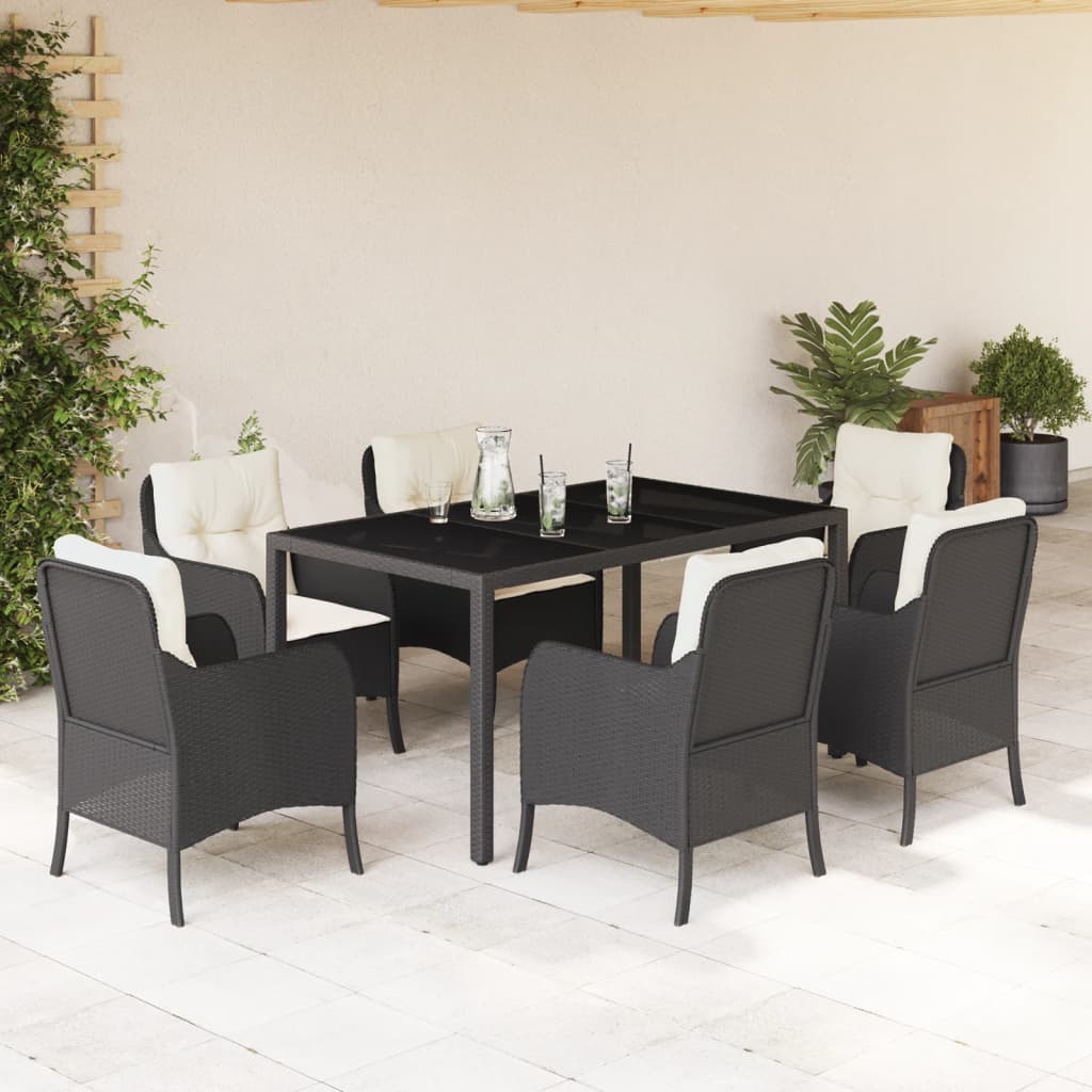 7-tlg. Garten-Essgruppe mit Kissen Schwarz Poly Rattan