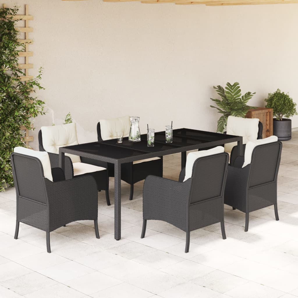 7-tlg. Garten-Essgruppe mit Kissen Schwarz Poly Rattan