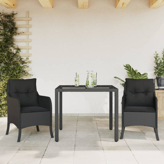 3-tlg. Garten-Essgruppe mit Kissen Schwarz Poly Rattan