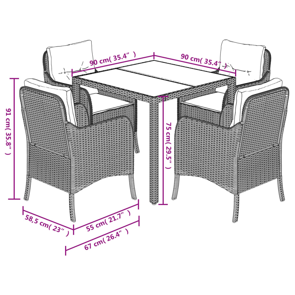 5-tlg. Garten-Essgruppe mit Kissen Schwarz Poly Rattan