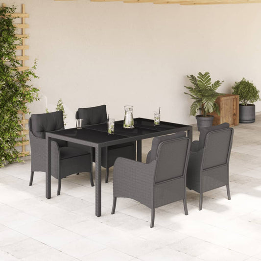 5-tlg. Garten-Essgruppe mit Kissen Schwarz Poly Rattan