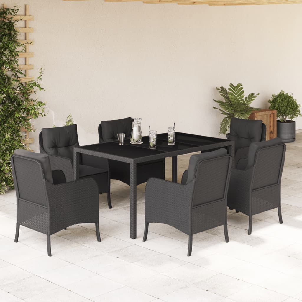 7-tlg. Garten-Essgruppe mit Kissen Schwarz Poly Rattan