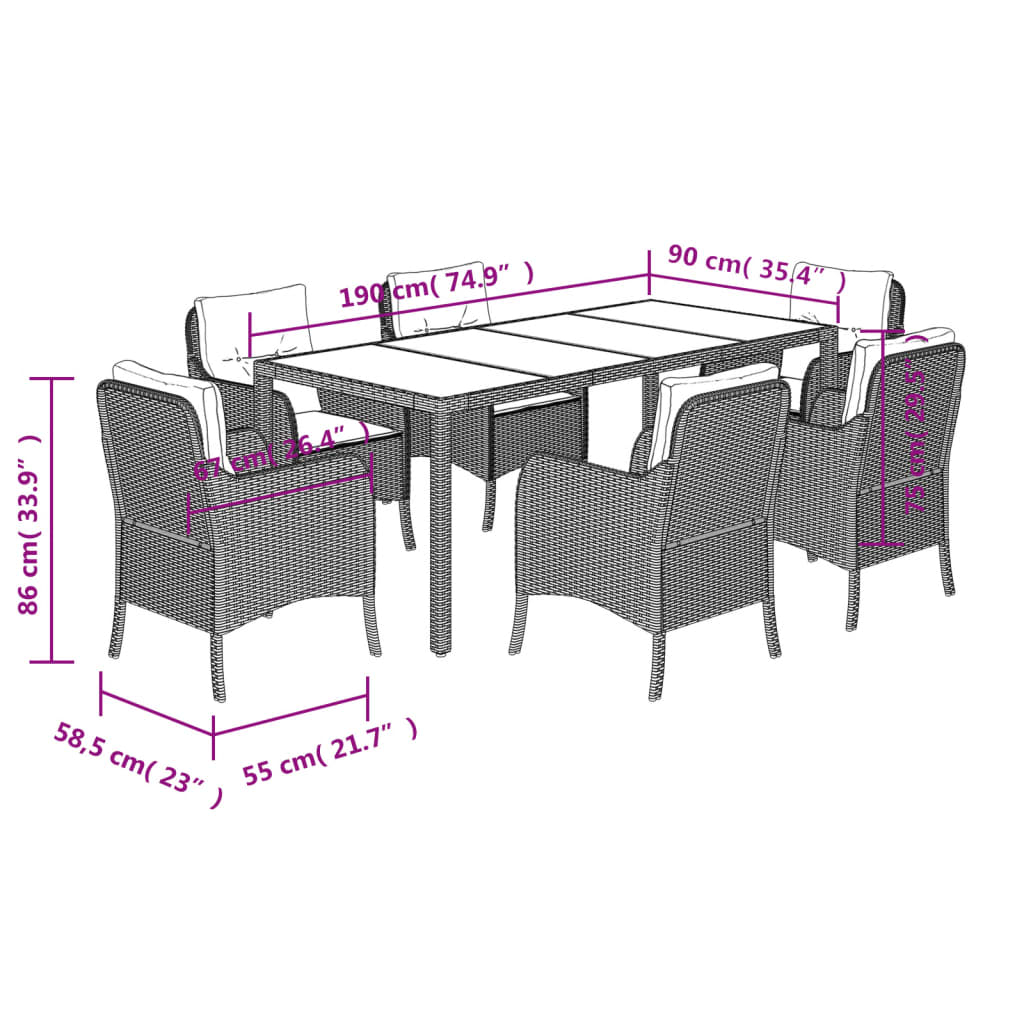 7-tlg. Garten-Essgruppe mit Kissen Schwarz Poly Rattan