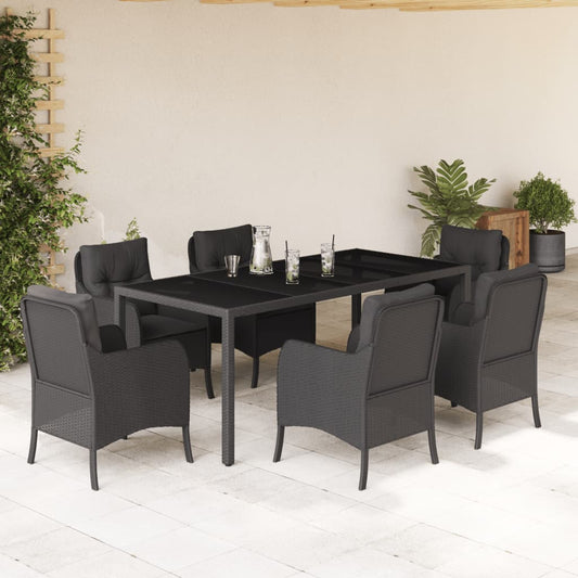 7-tlg. Garten-Essgruppe mit Kissen Schwarz Poly Rattan