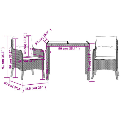 3-tlg. Garten-Essgruppe mit Kissen Grau Poly Rattan