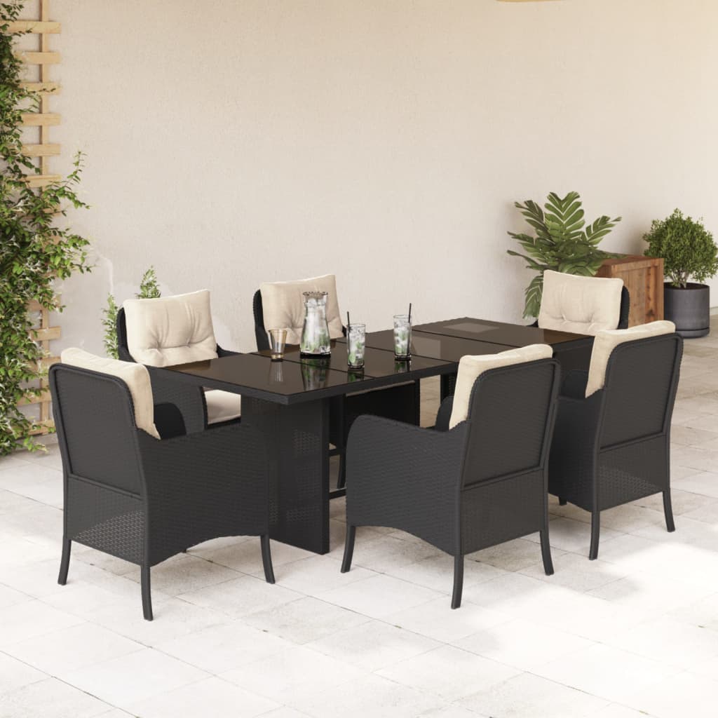 7-tlg. Garten-Essgruppe mit Kissen Schwarz Poly Rattan