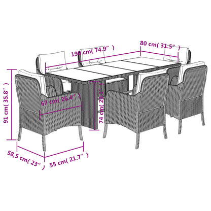 7-tlg. Garten-Essgruppe mit Kissen Grau Poly Rattan