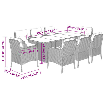 9-tlg. Garten-Essgruppe mit Kissen Grau Poly Rattan